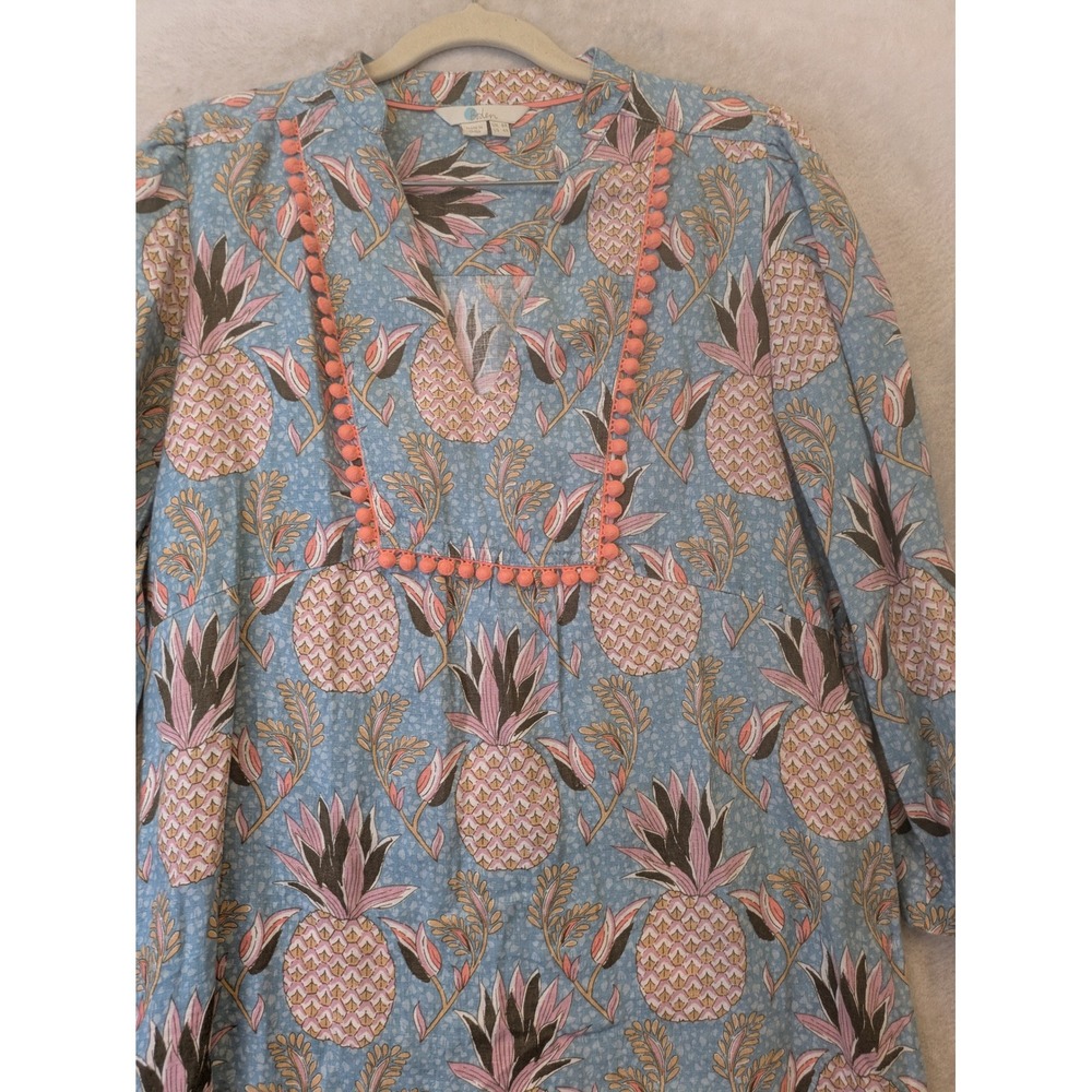 Boden Linen Pineapple Tunic Dress Women's 4R Blue Pink Pom Pom Trim - Picture 5 of 11